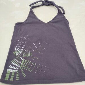 Ladies tie neck halter top, M, grey w/abstract design front. EUC